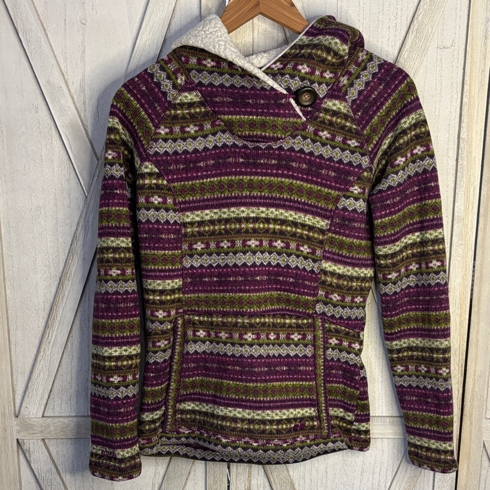 Köppen Fair Isle Sherpa Lined Hooded Pullover Sweater Purple & Green Medium